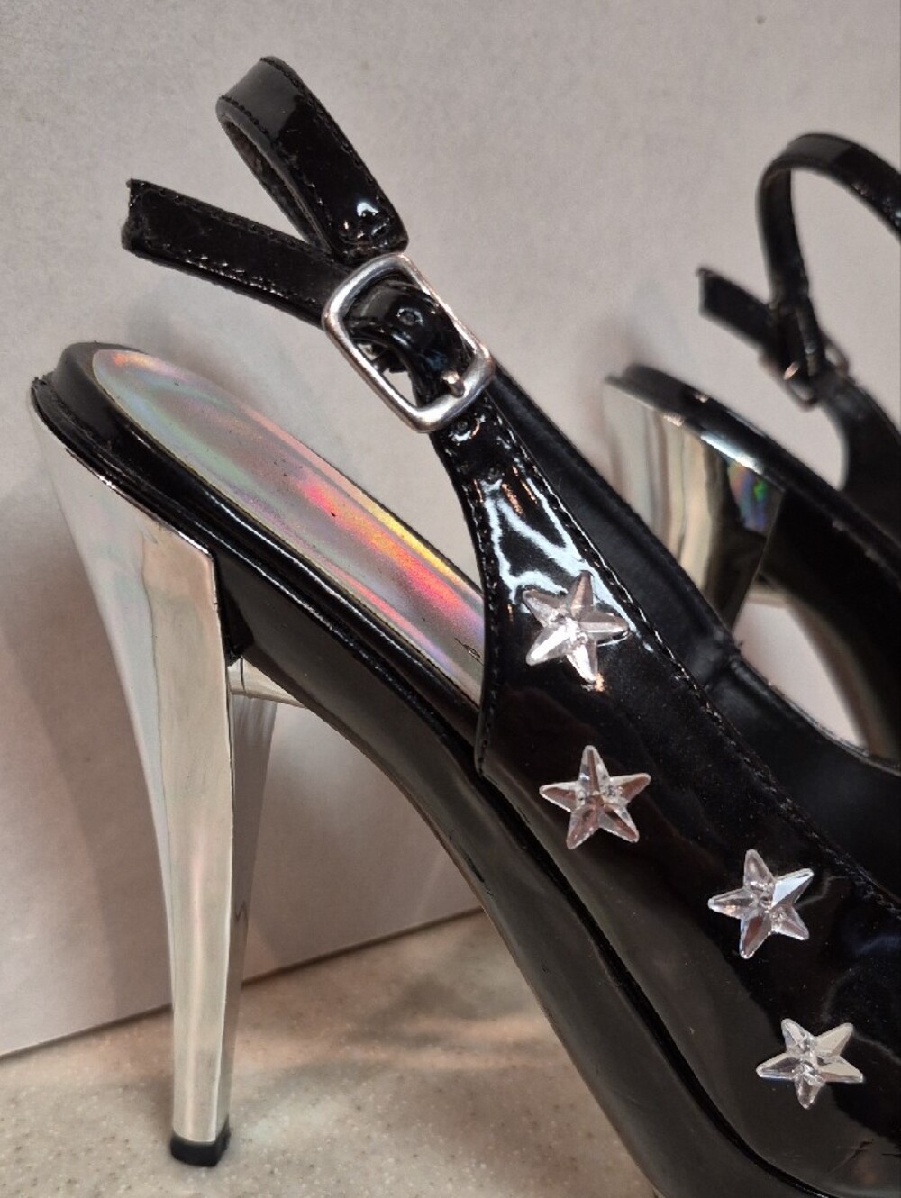 Ellie Skylar Star Platform Sandals Black Patent Holographic Peep Toe Size 8 - Picture 3 of 16